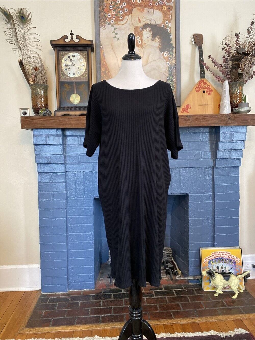 Eileen Fisher L Black Ribbed Bateau Dress Tencel Lyocell Cozy Oversized Midi